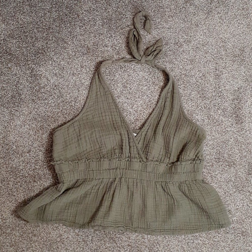 AMERICAN EAGLE OUTFITTERS 100% Cotton Halter Top; Olive Green; Size XL